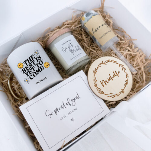 Custom Graduation Gift Box Set, mug, scented candle, coaster, popper
