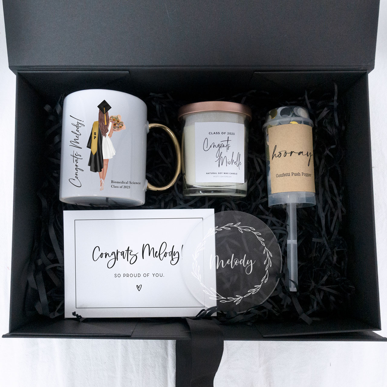 Custom Graduation Gift Box Set, mug, scented candle, coaster, popper