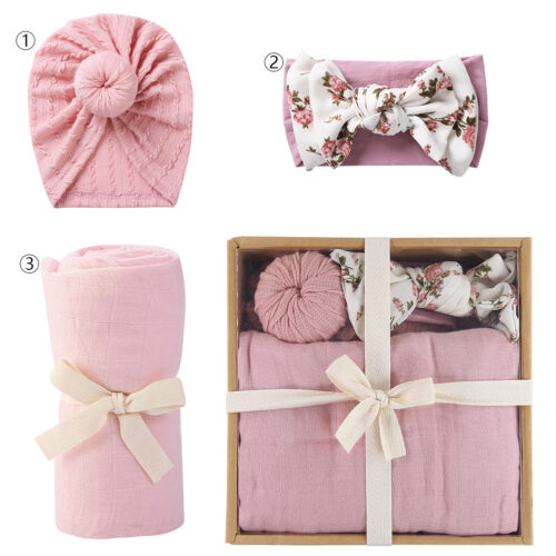 Baby Swaddle, Bow, Turban Headband (0-24M) 3pc Set - Pink