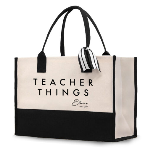 Canvas Large Tote Bag Black Handle - TEACHER THINGS Design