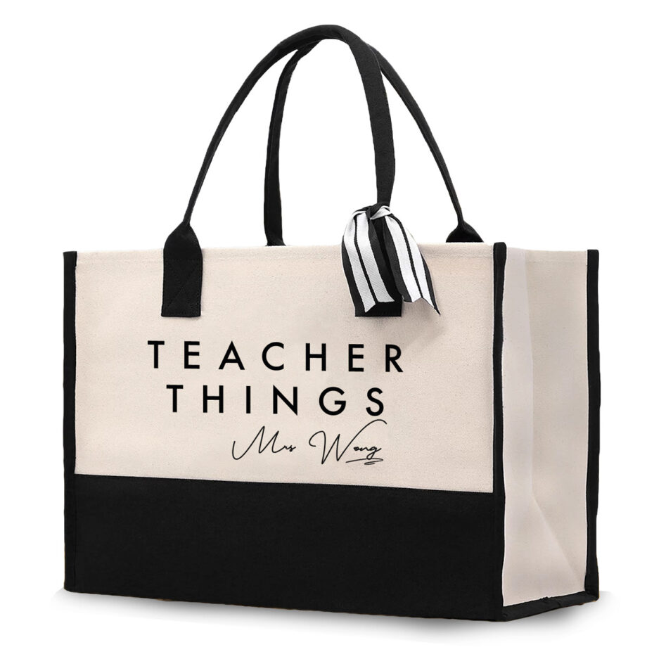 Canvas Large Tote Bag Black Handle - TEACHER THINGS Design