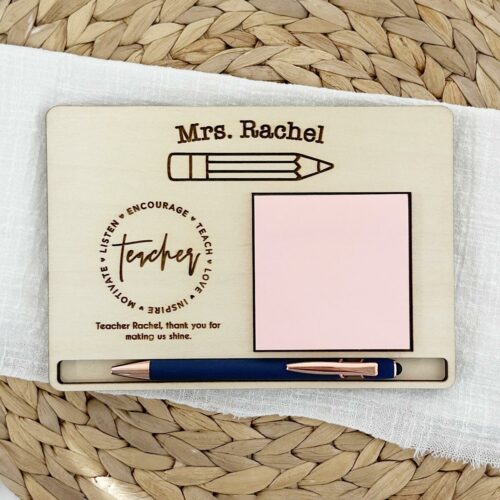 Custom Name Engraved Sticky Note + Pen Holder - Design 4 Teach Love Inspire Teacher Quote