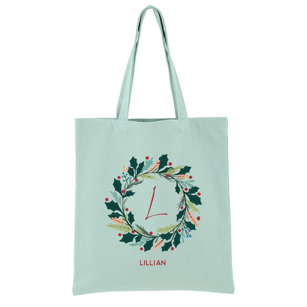 [Custom Monogram & Name] Christmas Collection Personalised Tote Bag - Merry Wreath Monogram