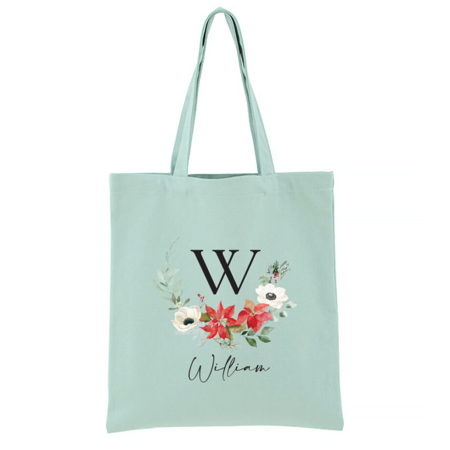 [Custom Monogram & Name] Christmas Collection Personalised Tote Bag - Christmas Floral Poinsettia Monogram Wreath