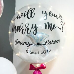 ”Designer Balloon with custom message’– 24 inch Personalized Balloon with stuffed Diamond Ring & Feathers