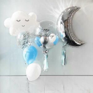 Newborn Themed Bouquet (Light Blue) – 24inch Customised Designer Bubble Balloon with Stuffed Mini-balloons + Silver Crescent Foil Tassel Balloon + Sleepy Cloud Balloon Bouquet