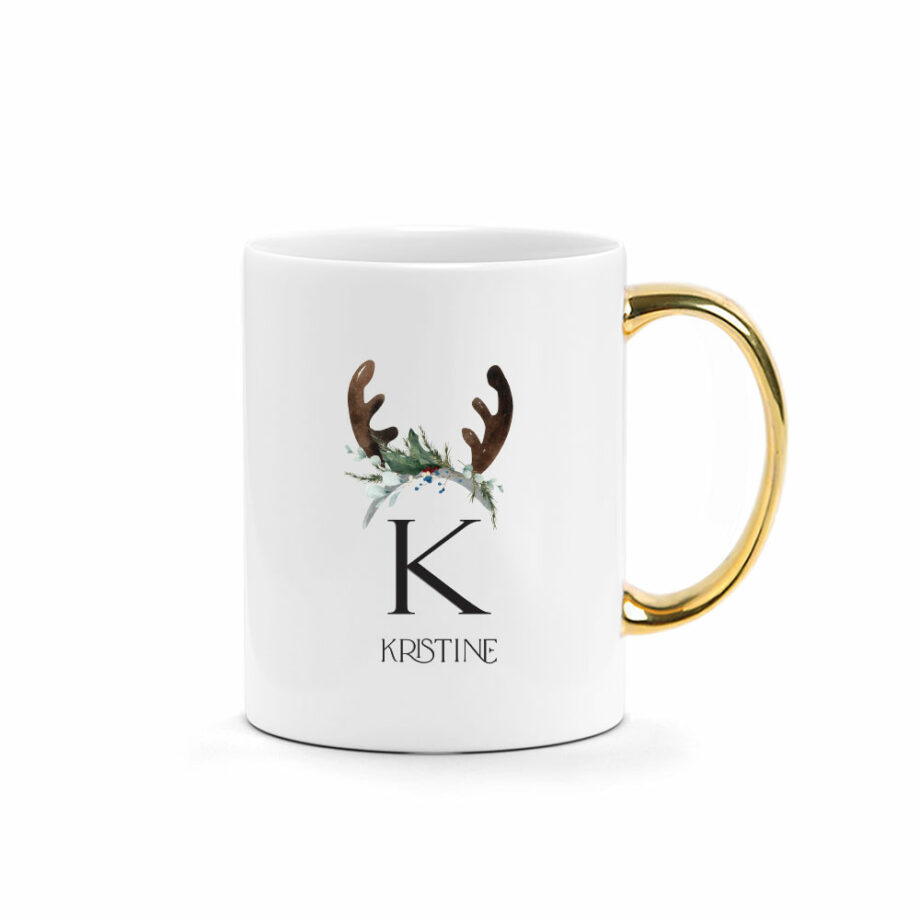[CUSTOM NAME, MONOGRAM] Christmas Printed Mug - Antlers Monogram