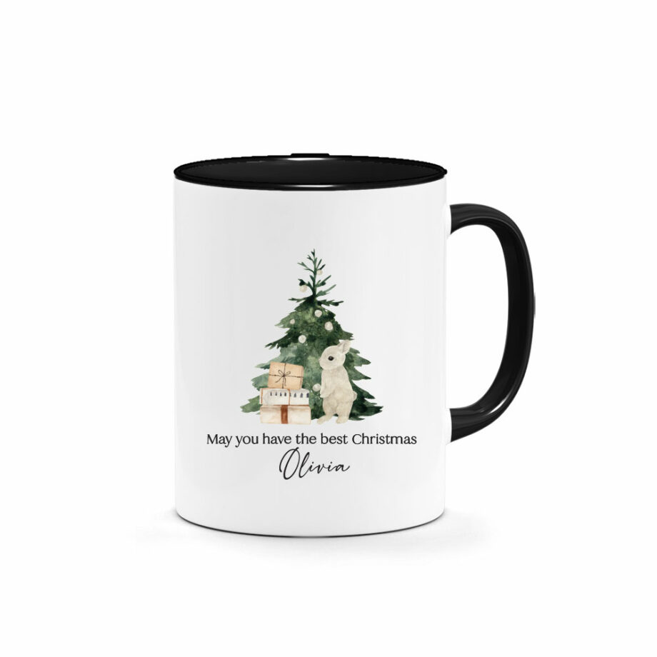 [Custom NAME, SUBTEXT] Christmas Printed Mug - Festive Bunny with Christmas Tree