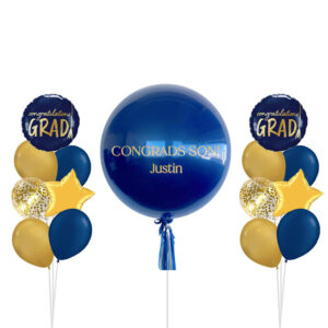 36 inch Personalized Jumbo Denim Blue Balloon with 2 side balloons bouquets – Navy Blue Gold Graduation Theme