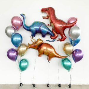 Helium Balloons Bouquet’ – Dinosaur Party 3 Foils (T-rex, Triceratops, Apatosaurus) + 12 Chrome Balloons Combo 