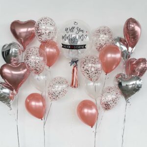 [Balloons Proposal Set 6] – Diamond Ring Customised Designer Balloon + 8pcs Heart Foil + 2x 6pcs cascading bouquet
