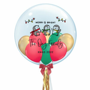 ‘Custom Name 24 Inch Bubble Balloon – Merry & Bright Penguins Design