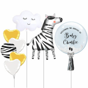 Animals Themed Bouquet – Get Wild Zebra Foil Balloon + Customized Designer Bubble Balloon with Stuffed White Feathers + Sleepy Cloud Foil Balloon + Zebra Stripe Heart Foil Balloon Bouquet