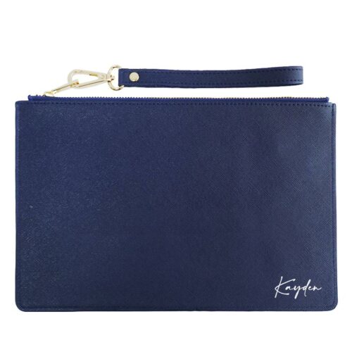 Custom Name Saffiano Leather Pouch - Navy Blue