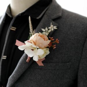 Set of 4 Peony Wrist Corsages for Wedding, Boutonniere for Men