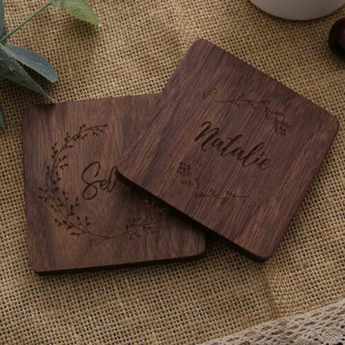 [Personalised Name] Custom Name Engraved Wood Coaster - Walnut Square Flat