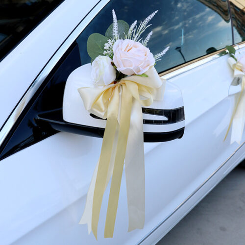 Wedding Car Ribbon, Blush Ivory Roses with Champagne Ribbon