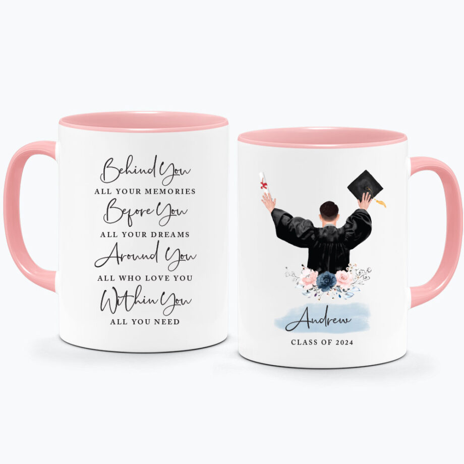 CUSTOM NAME YEAR Graduation Printed Mug - Floral Wreath with Quote Typography Male Graduate Design