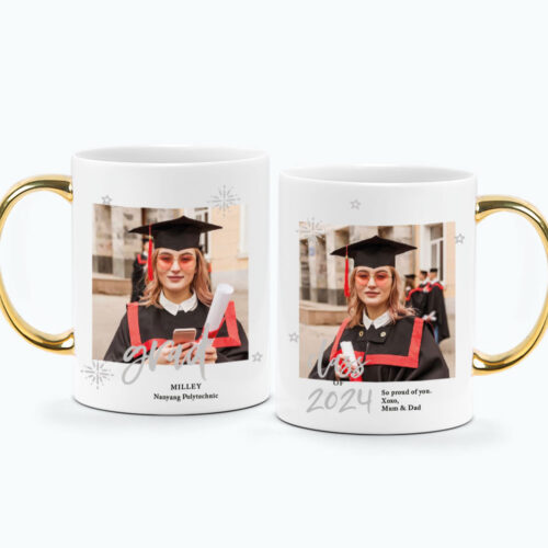 CUSTOM YEAR, MESSAGE, NAME and SCHOOL NAME Graduation Printed Mug - Grad Square Shaped 2 Frames Photo Mug Design