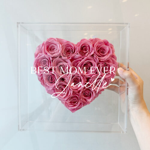 Preserved Flower Acrylic Box with Roses in Heart Shape Mother's Day Design - Pink