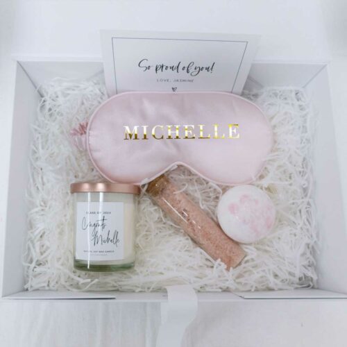 Graduate's Claming Gift Box Set - Sleep Mask + Scented Candle + Pink Salt + Bath Bomb + Gift Card + Gift Box