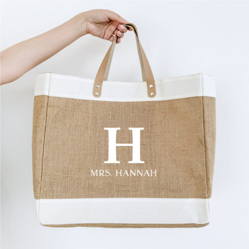 Large Jute Bag with Leather Handle - Monogram Design