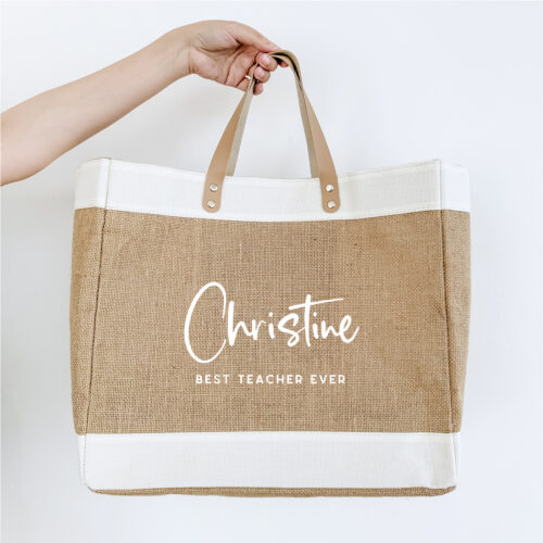 Large Jute Bag with Leather Handle - Script Font Design