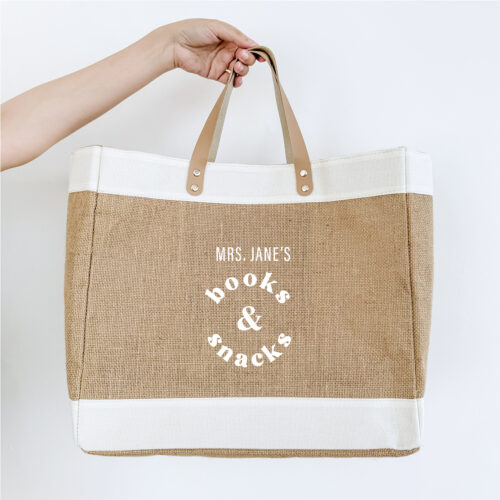Large Jute Bag with Leather Handle - books & snacks Design