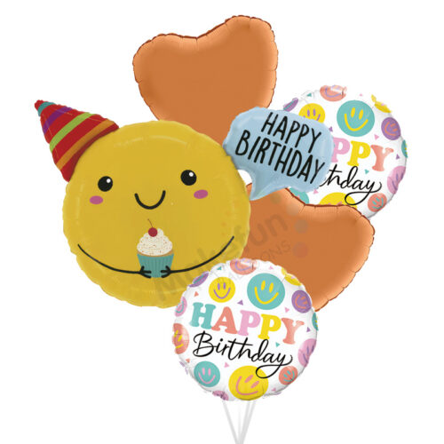 Birthday Smiley 5pc Foil Helium Balloons Bouquet
