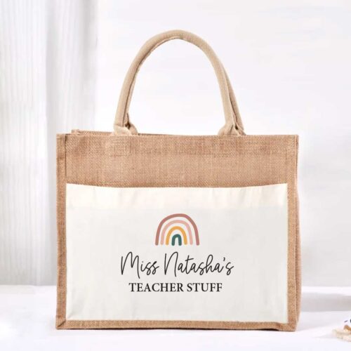 Large Jute Bag with White Pocket - Boho Rainbow Teacher Stuff Design