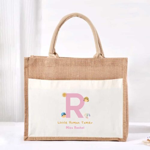 Large Jute Bag with White Pocket - Little Human Tamer Pink Monogram Design