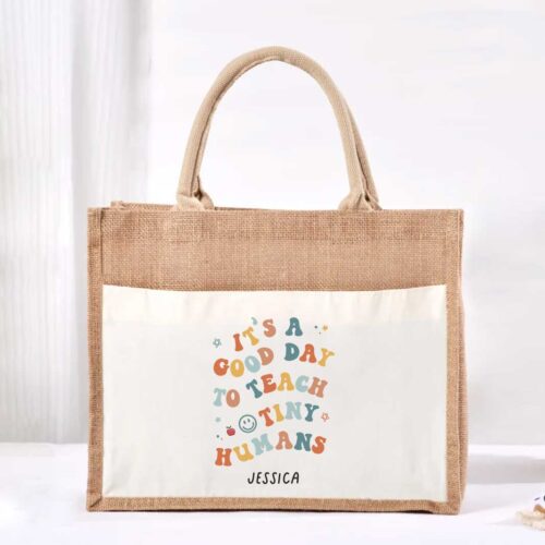 Large Jute Bag with White Pocket - It’s A Good Day To Teach Tiny Humans Design