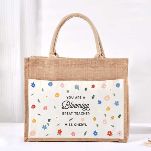 Large Jute Bag with White Pocket - Blooming Great Teacher Design