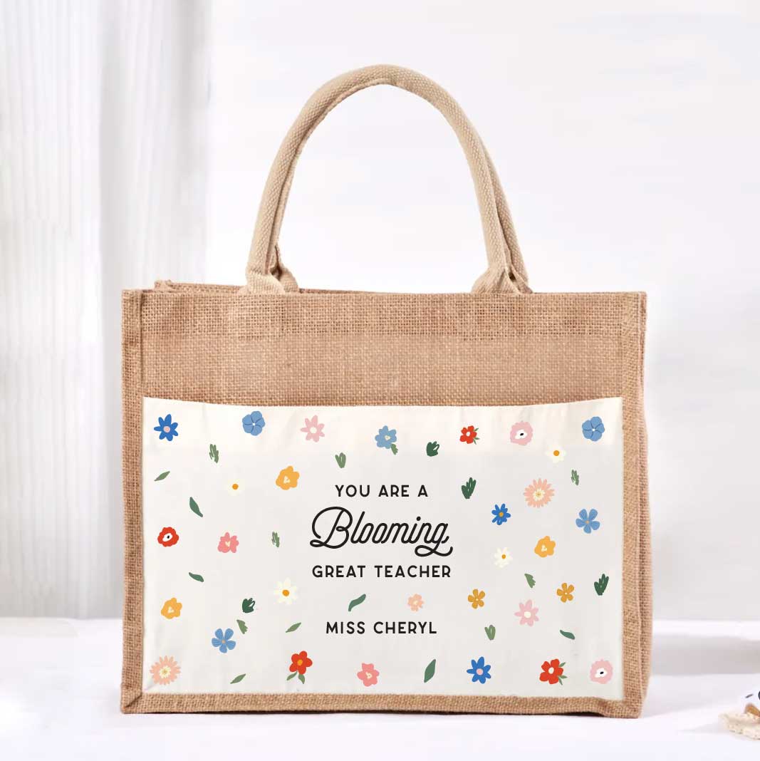 Large Jute Bag with White Pocket – Blooming Great Teacher Design