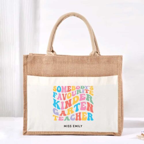 Large Jute Bag with White Pocket - Custom Teacher Title Colourful Typography Design