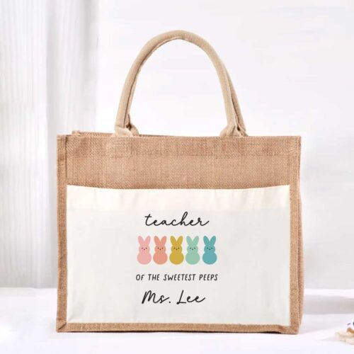 Large Jute Bag with White Pocket - Teacher Of The Sweetest Peeps Design