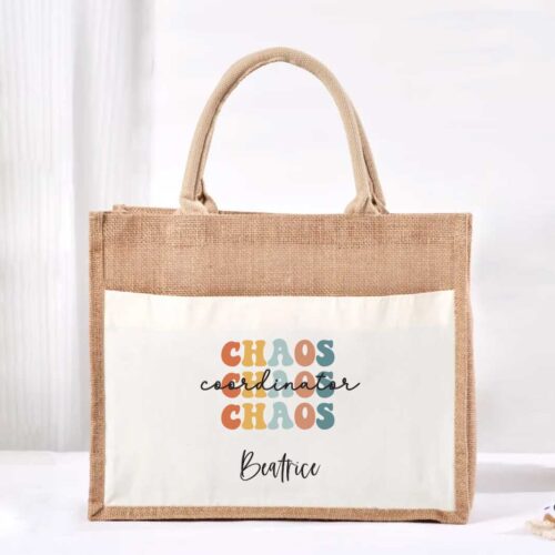 Large Jute Bag with White Pocket - Chaos Coordinator Design