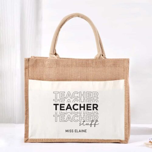 Large Jute Bag with White Pocket - Teacher Stuff Design