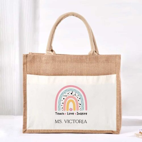 Large Jute Bag with White Pocket - Teach Love Inspire Rainbow Design