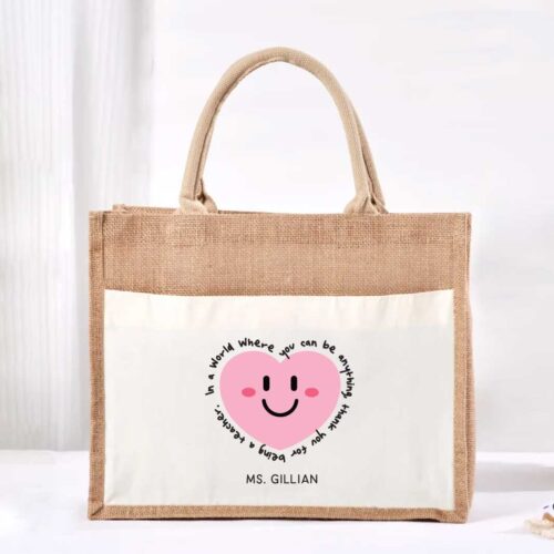 Large Jute Bag with White Pocket - Thank You For Being A Teacher Design