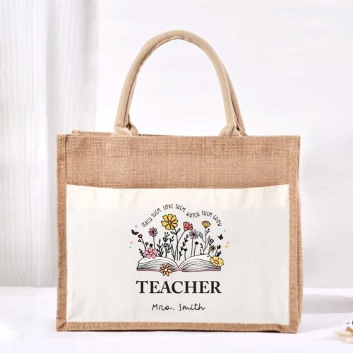 Large Jute Bag with White Pocket - Teacher Garden Design