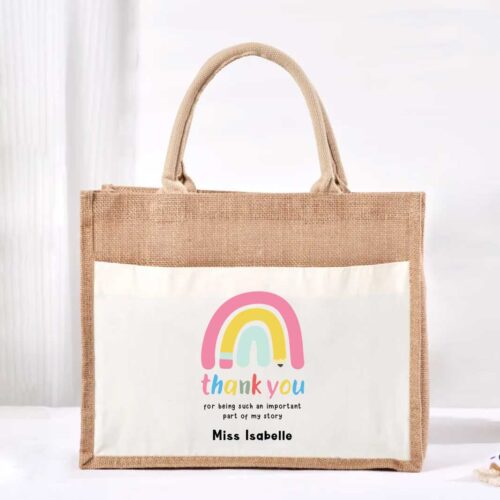 Large Jute Bag with White Pocket - Thank You Rainbow Design
