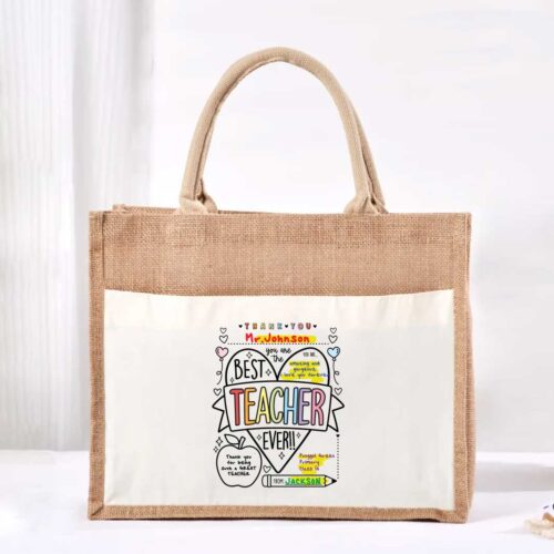 Large Jute Bag with White Pocket - Best Teacher Ever Doodle Heart Design