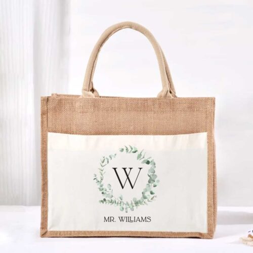 Large Jute Bag with White Pocket - Eucalyptus Wreath Monogram Design