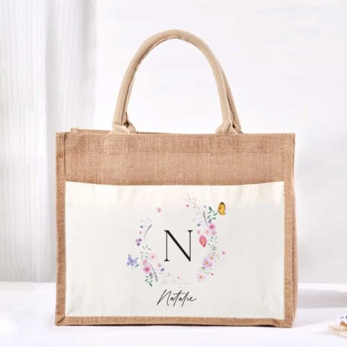 Large Jute Bag with White Pocket - Enchanted Garden Monogram Design