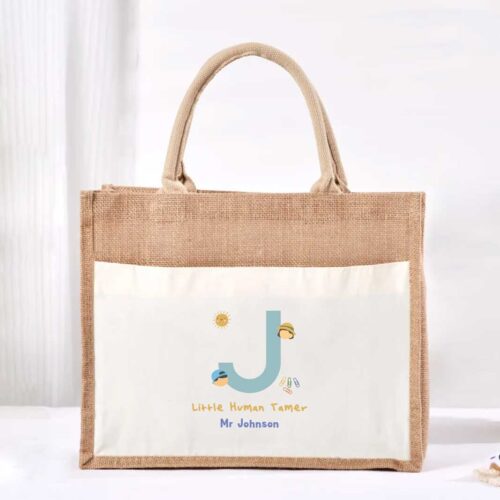 Large Jute Bag with White Pocket - Little Human Tamer Blue Monogram Design