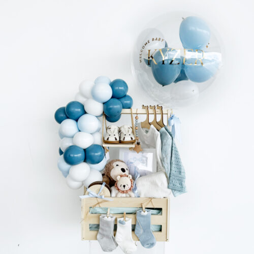 Newborn Baby Boy Gift Luxury Hamper with Organic Balloons Garlands