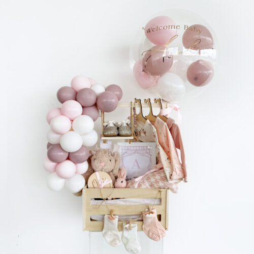 Newborn Baby Girl Gift Luxury Hamper with Organic Balloons Garlands