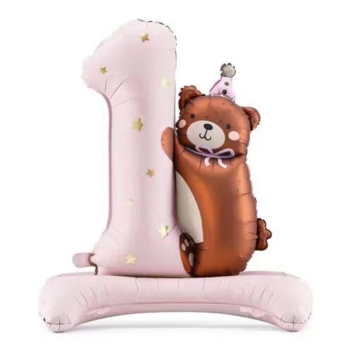 Baby Shower Balloon Baby Girl, number 1 with bear standing balloon