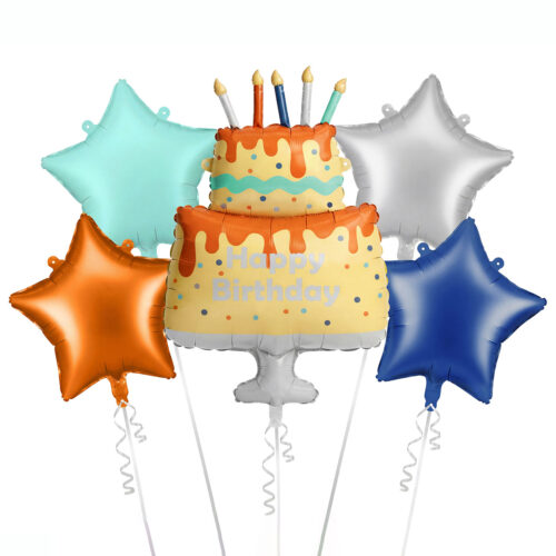 Colourful Birthday Cake Helium Balloon Bouquet – 5 Pieces